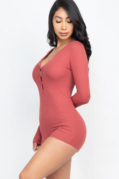 Ribbed Button Neck Long Sleeve Bodycon Romper - Wholesale Capella Apparel