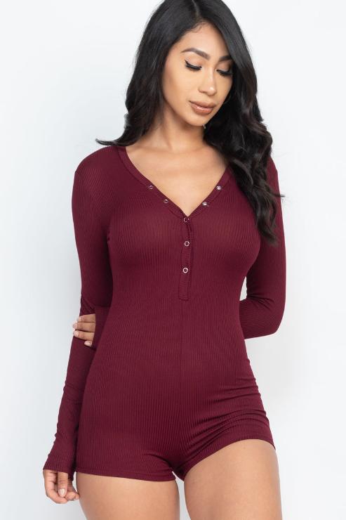 Ribbed Button Neck Long Sleeve Bodycon Romper - Wholesale Capella Apparel