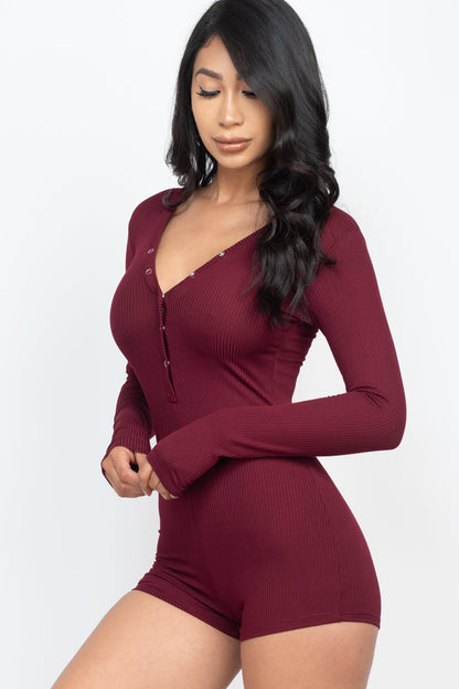 Ribbed Button Neck Long Sleeve Bodycon Romper (CAPELLA) - Capella Apparel