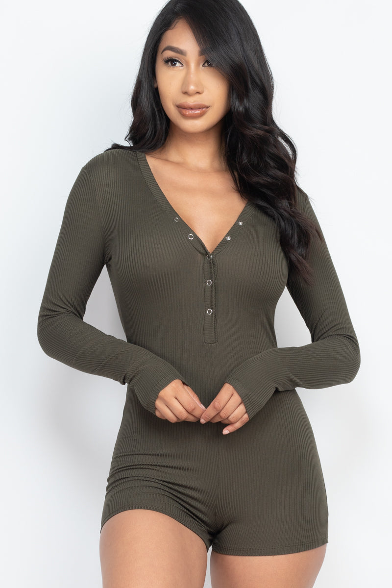 Ribbed Button Neck Long Sleeve Bodycon Romper (CAPELLA) - Capella Apparel