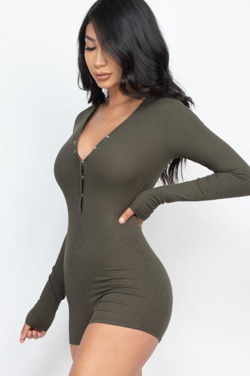 Ribbed Button Neck Long Sleeve Bodycon Romper - Wholesale Capella Apparel