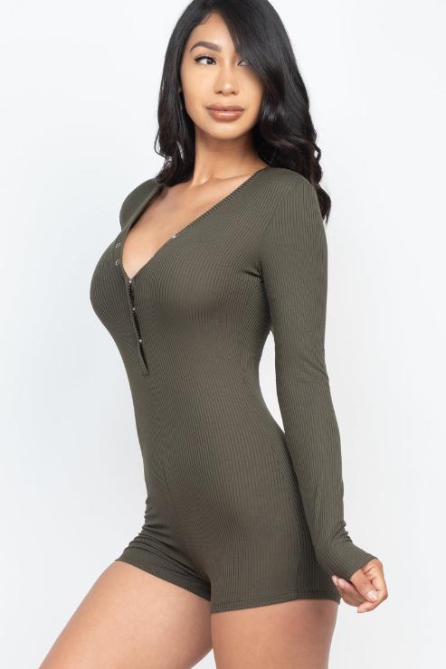 Ribbed Button Neck Long Sleeve Bodycon Romper - Wholesale Capella Apparel