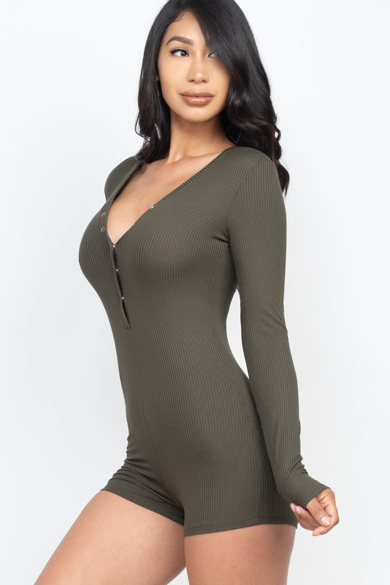 Ribbed Button Neck Long Sleeve Bodycon Romper (CAPELLA) - Capella Apparel