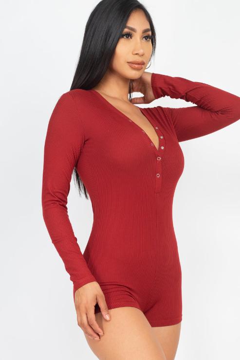 Ribbed Button Neck Long Sleeve Bodycon Romper - Wholesale Capella Apparel