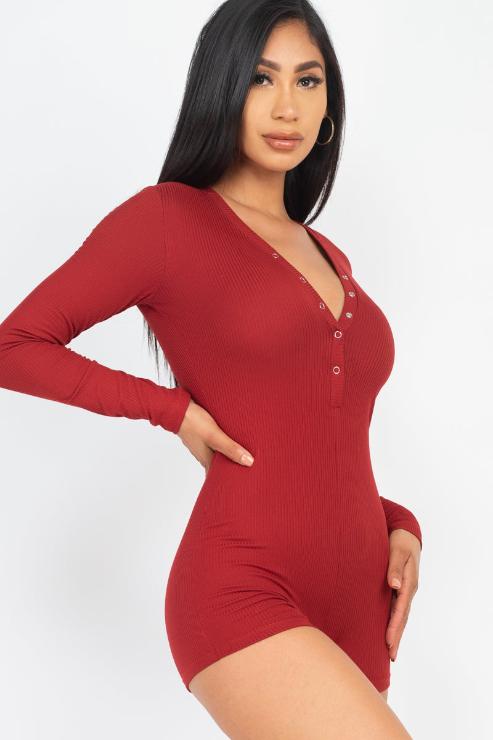 Ribbed Button Neck Long Sleeve Bodycon Romper - Wholesale Capella Apparel