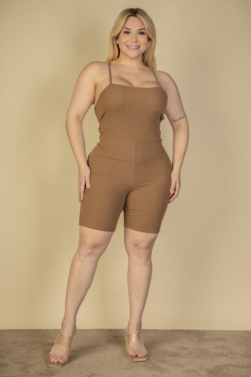 Plus Size Ribbed Crisscross Back Sleeveless Romper (CAPELLA) - Capella Apparel