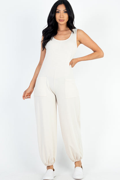 Casual Solid French Terry Sleeveless Scoop Neck Front Pocket Jumpsuit - Capella Apparel