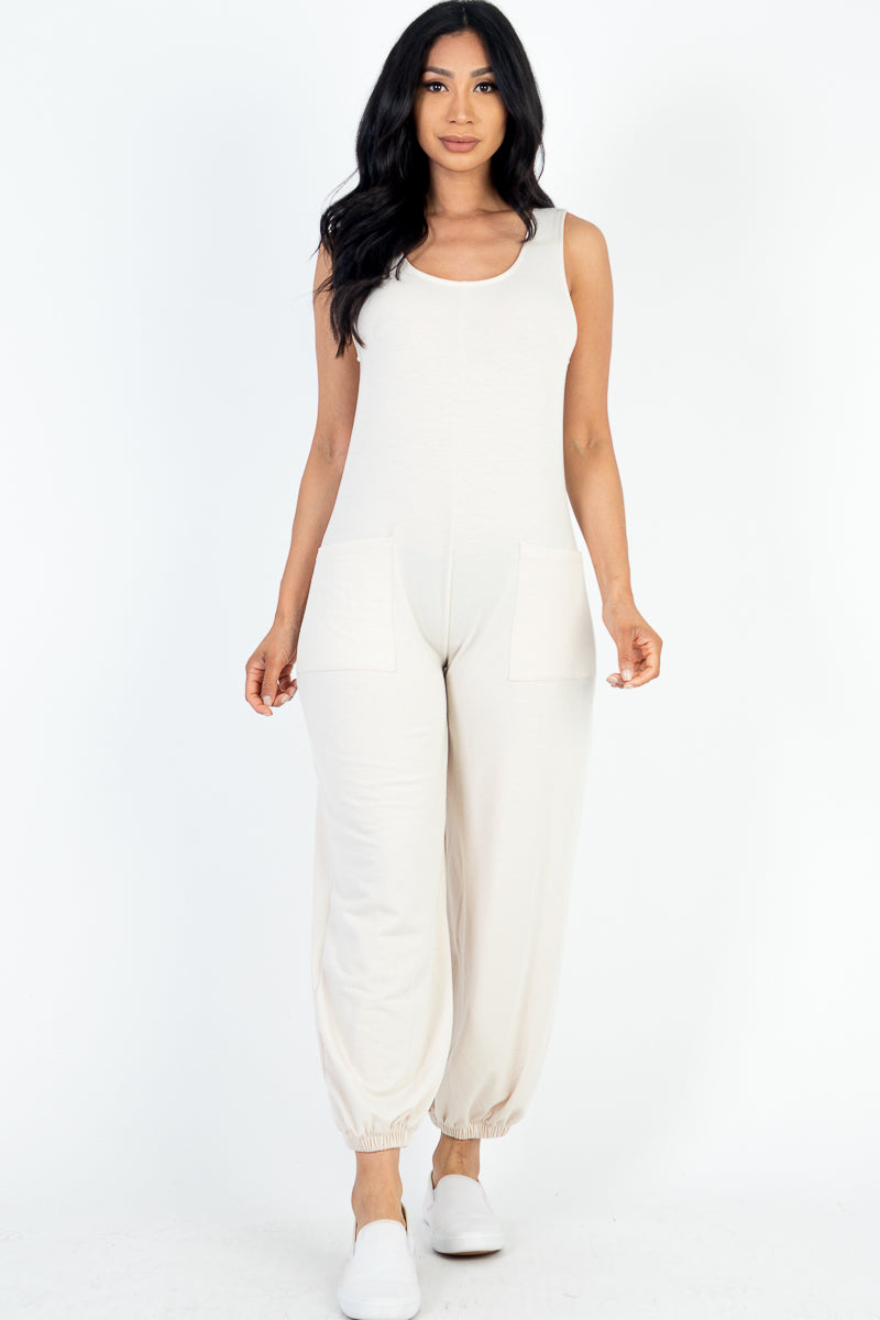 Casual Solid French Terry Sleeveless Scoop Neck Front Pocket Jumpsuit - Capella Apparel