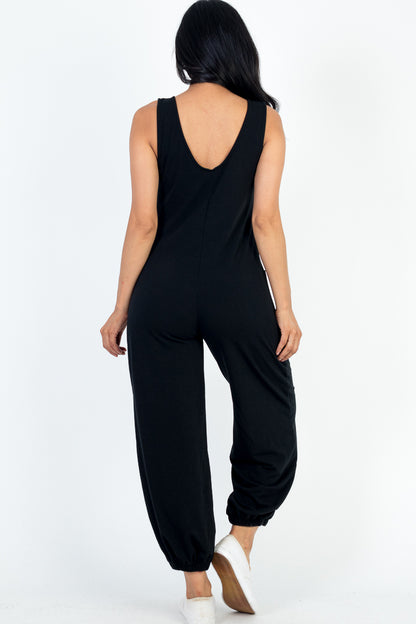 Casual Solid French Terry Sleeveless Scoop Neck Front Pocket Jumpsuit - Capella Apparel