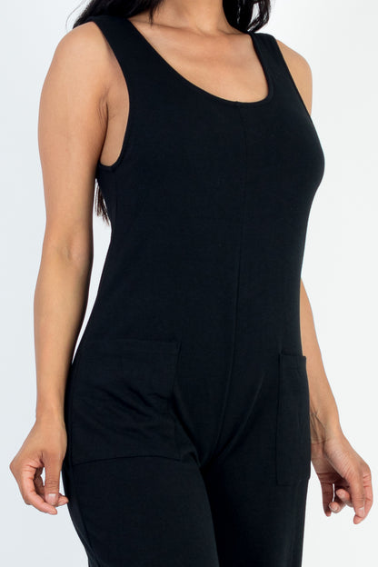 Casual Solid French Terry Sleeveless Scoop Neck Front Pocket Jumpsuit - Capella Apparel