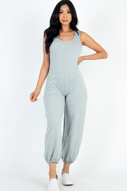 Casual Solid French Terry Sleeveless Scoop Neck Front Pocket Jumpsuit (CAPELLA) - Capella Apparel