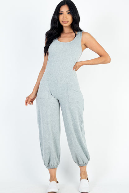 Casual Solid French Terry Sleeveless Scoop Neck Front Pocket Jumpsuit - Capella Apparel