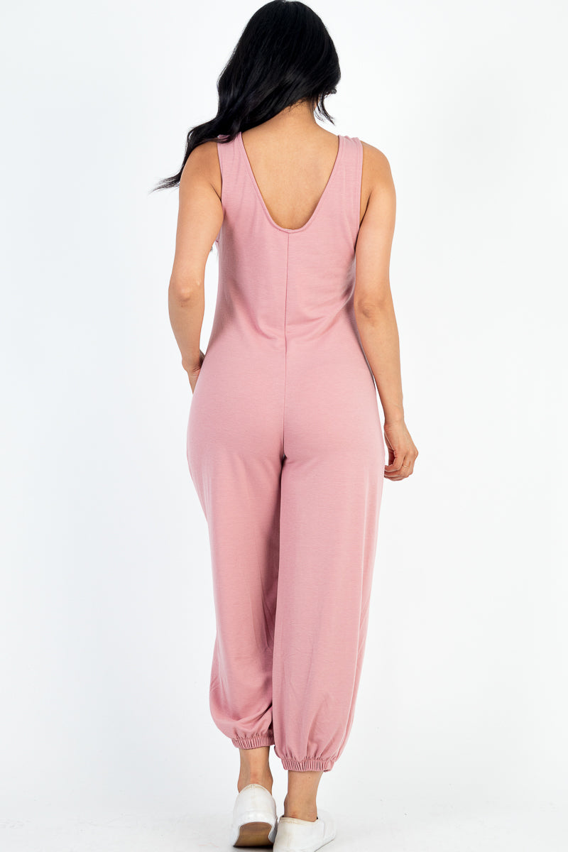 Casual Solid French Terry Sleeveless Scoop Neck Front Pocket Jumpsuit - Capella Apparel