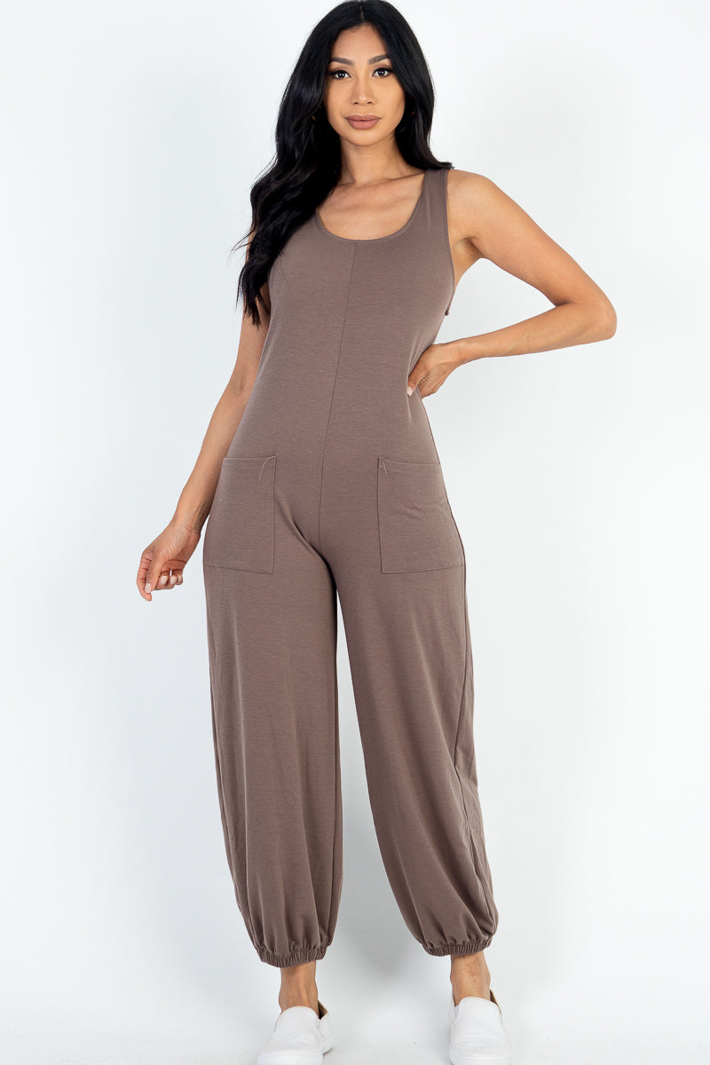 Casual Solid French Terry Sleeveless Scoop Neck Front Pocket Jumpsuit (CAPELLA) - Capella Apparel