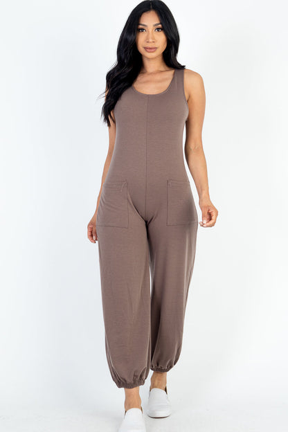 Casual Solid French Terry Sleeveless Scoop Neck Front Pocket Jumpsuit (CAPELLA) - Capella Apparel