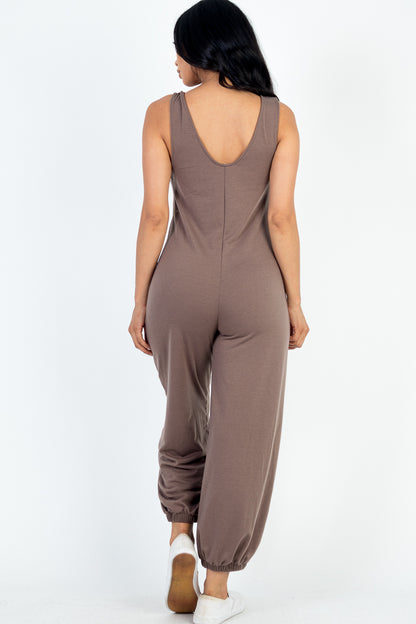 Casual Solid French Terry Sleeveless Scoop Neck Front Pocket Jumpsuit - Capella Apparel