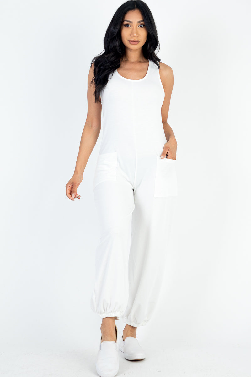 Casual Solid French Terry Sleeveless Scoop Neck Front Pocket Jumpsuit (CAPELLA) - Capella Apparel