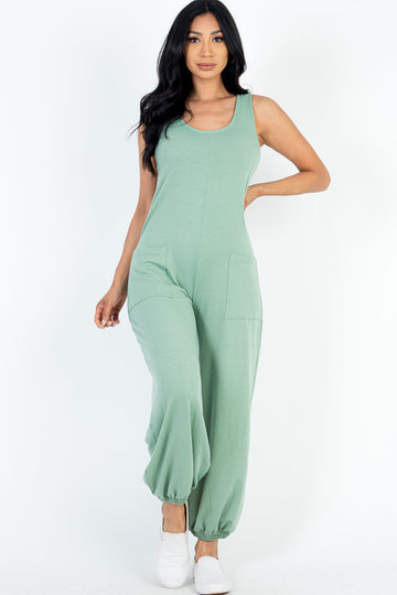 Casual Solid French Terry Sleeveless Scoop Neck Front Pocket Jumpsuit (CAPELLA) - Capella Apparel