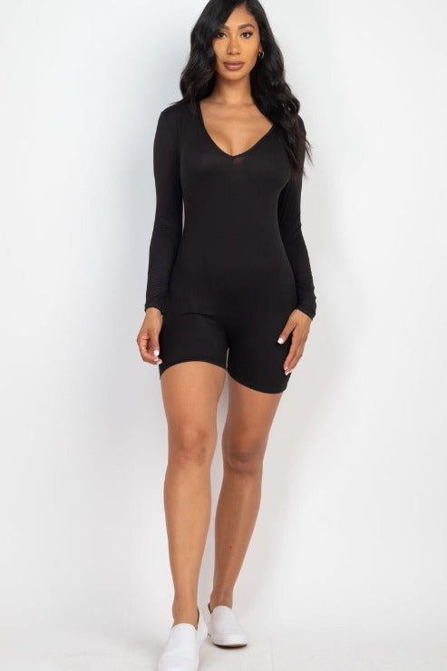 V-Neck Long Sleeve Bodycon Romper - Capella Apparel