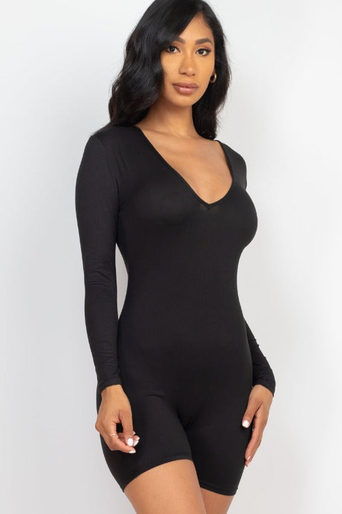 V-Neck Long Sleeve Bodycon Romper - Capella Apparel