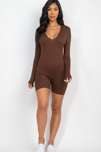 V-Neck Long Sleeve Bodycon Romper - Capella Apparel