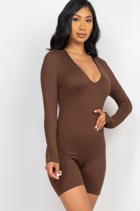 V-Neck Long Sleeve Bodycon Romper - Capella Apparel