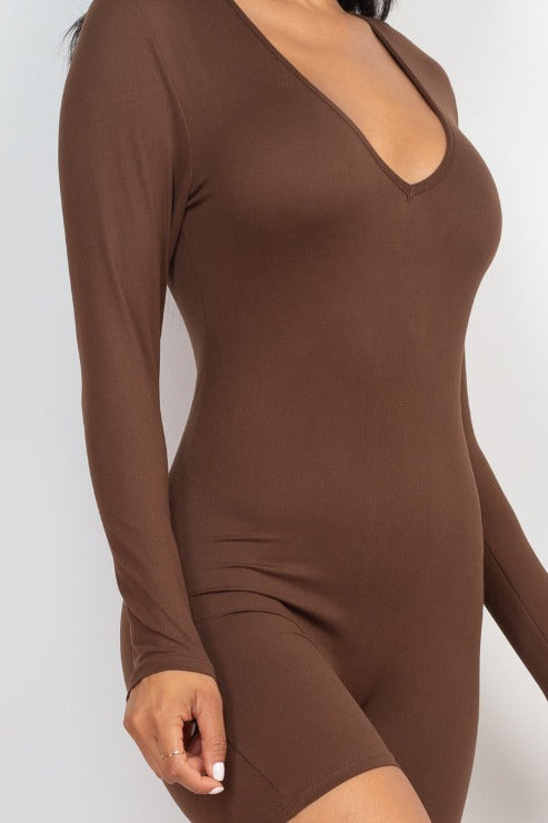 V-Neck Long Sleeve Bodycon Romper - Capella Apparel