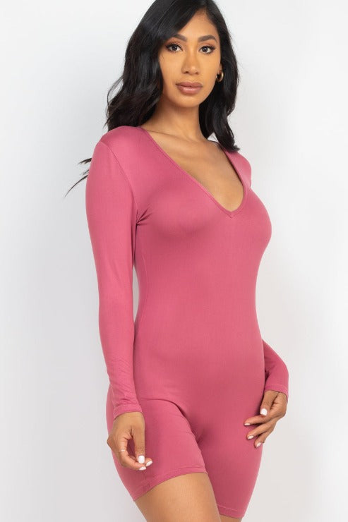 V-Neck Long Sleeve Bodycon Romper - Capella Apparel