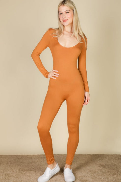 Scoop Neck Long Sleeve Bodycon Jumpsuit - Capella Apparel