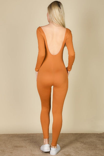 Scoop Neck Long Sleeve Bodycon Jumpsuit - Capella Apparel