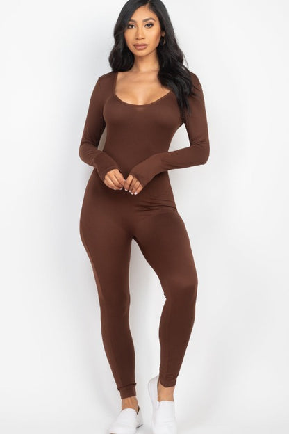 Scoop Neck Long Sleeve Bodycon Jumpsuit - Capella Apparel