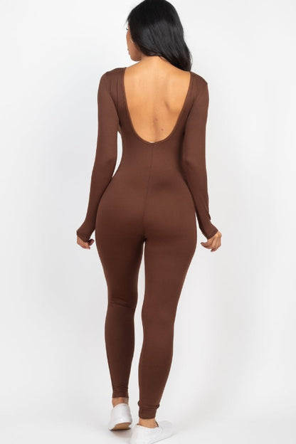 Scoop Neck Long Sleeve Bodycon Jumpsuit - Capella Apparel