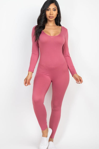 Scoop Neck Long Sleeve Bodycon Jumpsuit - Capella Apparel