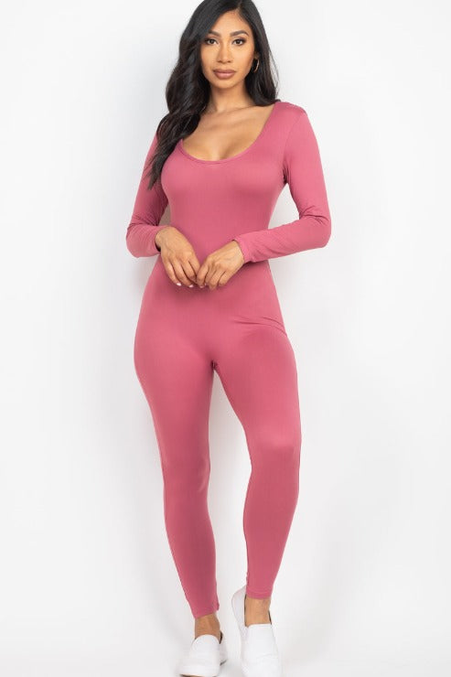 Scoop Neck Long Sleeve Bodycon Jumpsuit - Capella Apparel