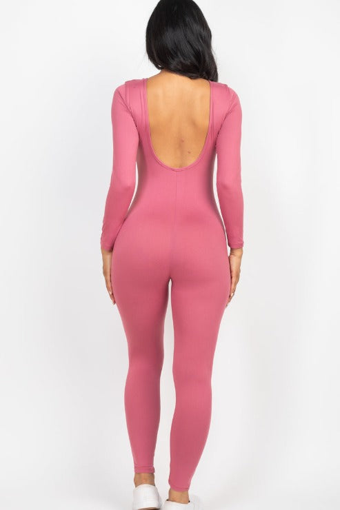 Scoop Neck Long Sleeve Bodycon Jumpsuit - Capella Apparel