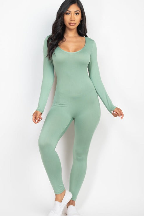 Scoop Neck Long Sleeve Bodycon Jumpsuit - Capella Apparel