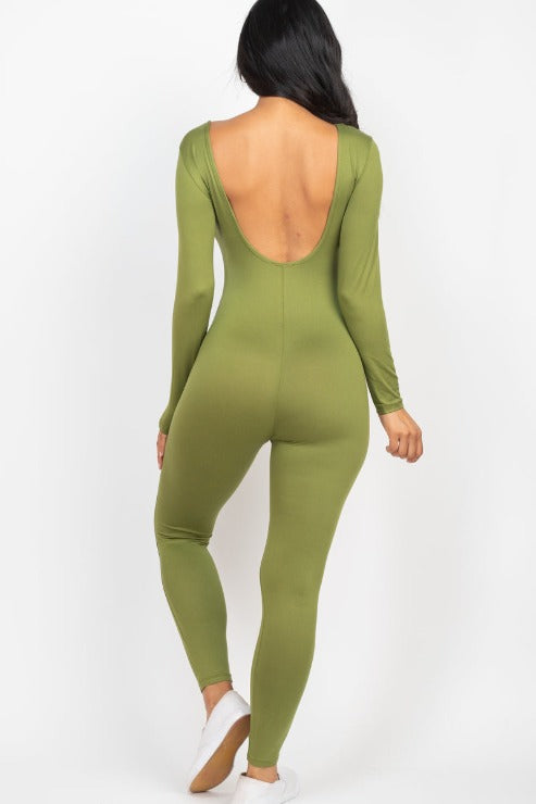 Scoop Neck Long Sleeve Bodycon Jumpsuit - Capella Apparel