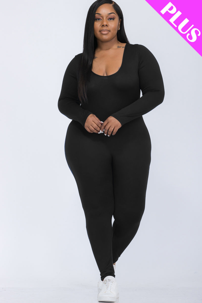 Plus Size Scoop Neck Long Sleeve Bodycon Jumpsuit - Capella Apparel