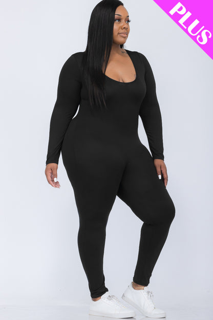 Plus Size Scoop Neck Long Sleeve Bodycon Jumpsuit - Capella Apparel