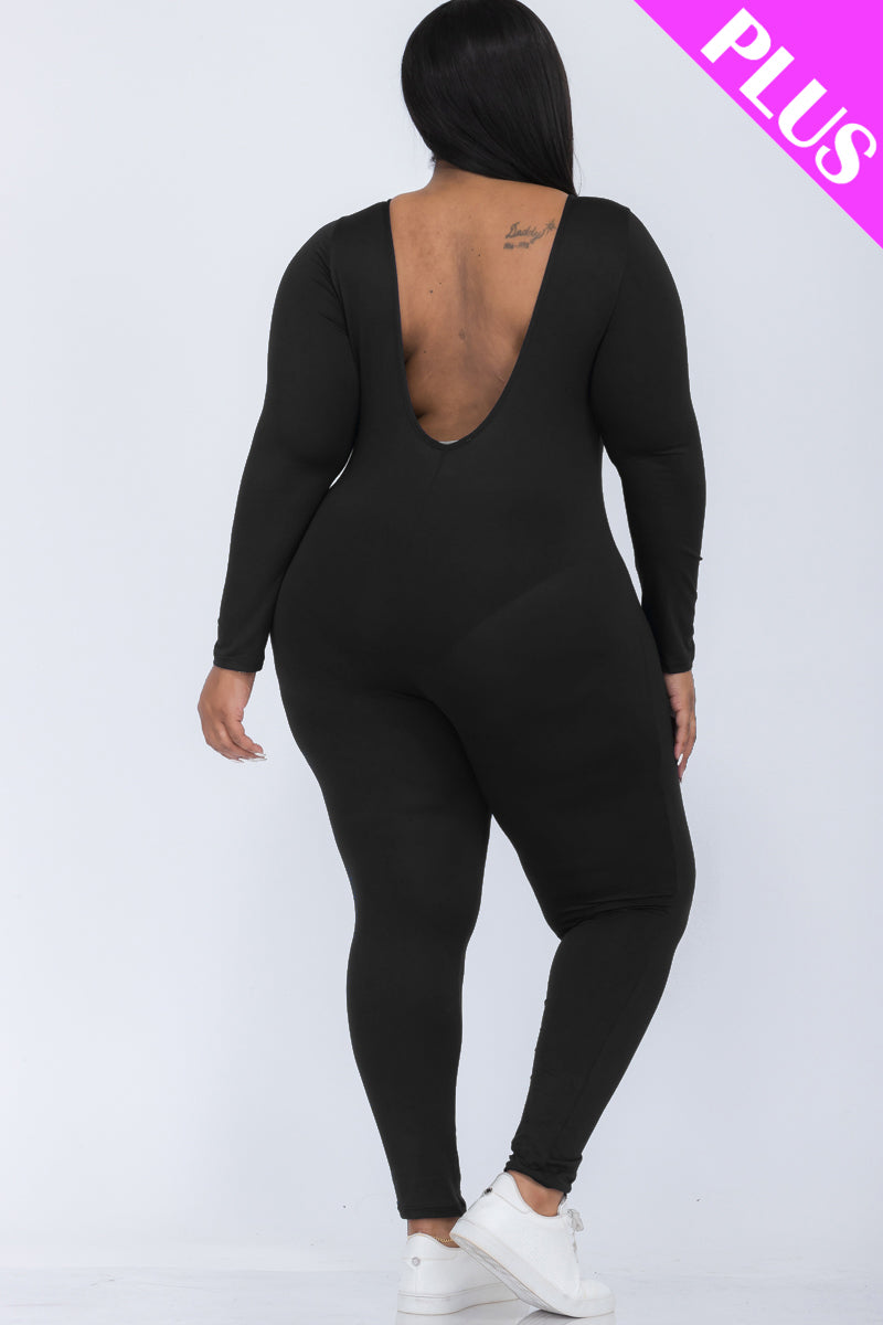 Plus Size Scoop Neck Long Sleeve Bodycon Jumpsuit - Capella Apparel