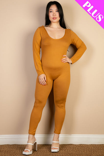 Plus Size Scoop Neck Long Sleeve Bodycon Jumpsuit - Capella Apparel