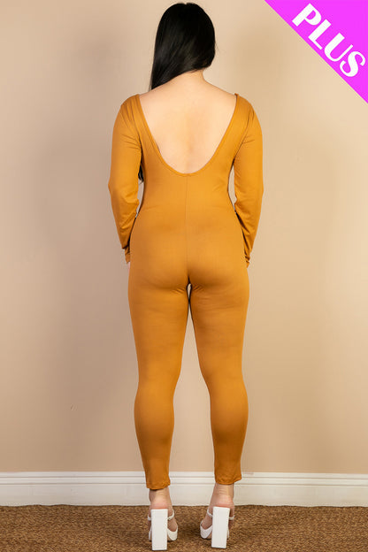 Plus Size Scoop Neck Long Sleeve Bodycon Jumpsuit - Capella Apparel