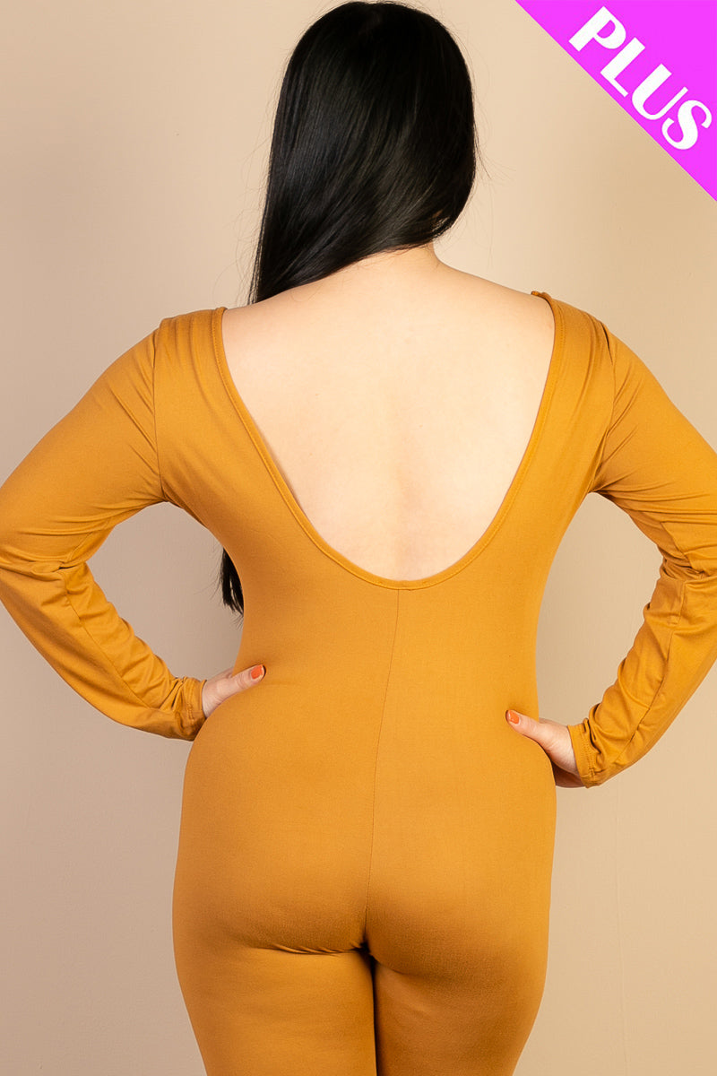 Plus Size Scoop Neck Long Sleeve Bodycon Jumpsuit - Capella Apparel