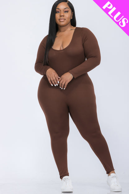 Plus Size Scoop Neck Long Sleeve Bodycon Jumpsuit - Capella Apparel