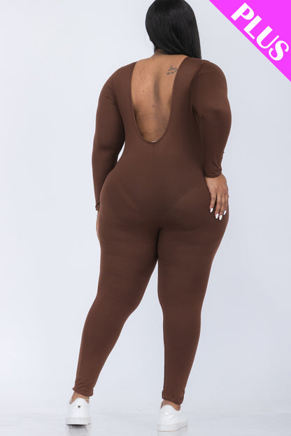 Plus Size Scoop Neck Long Sleeve Bodycon Jumpsuit - Capella Apparel