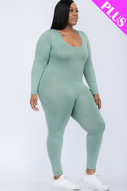 Plus Size Scoop Neck Long Sleeve Bodycon Jumpsuit - Capella Apparel