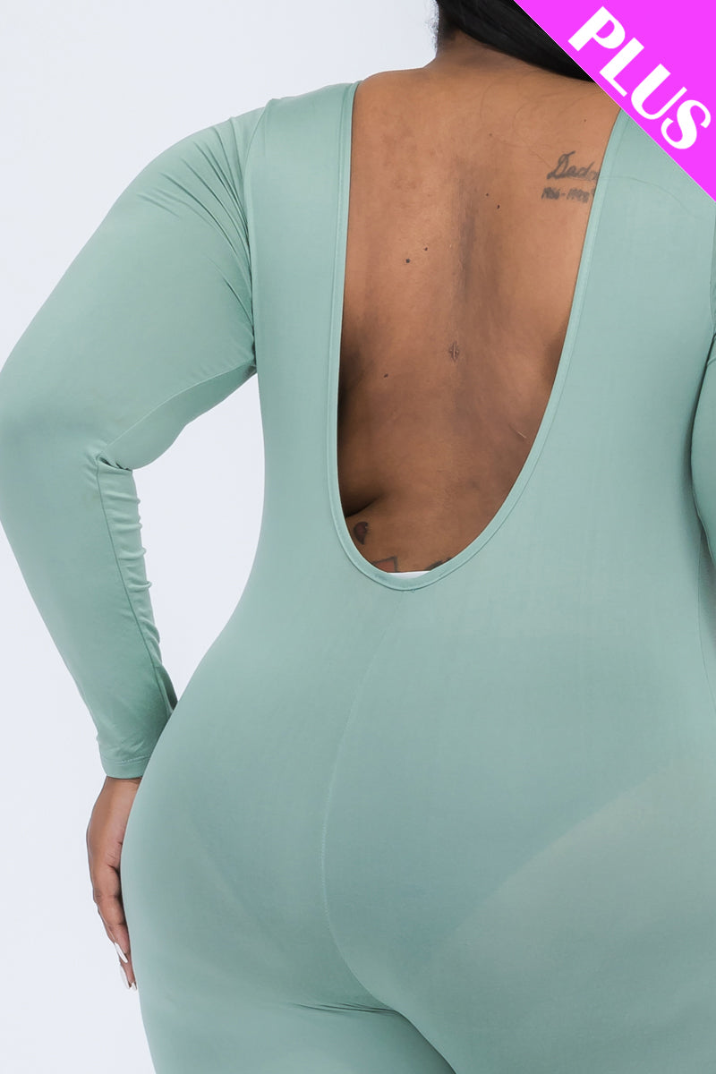 Plus Size Scoop Neck Long Sleeve Bodycon Jumpsuit - Capella Apparel