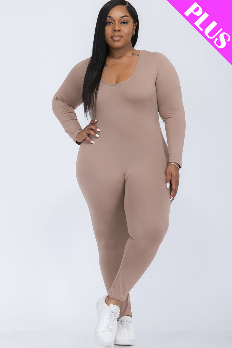 Plus Size Scoop Neck Long Sleeve Bodycon Jumpsuit - Capella Apparel