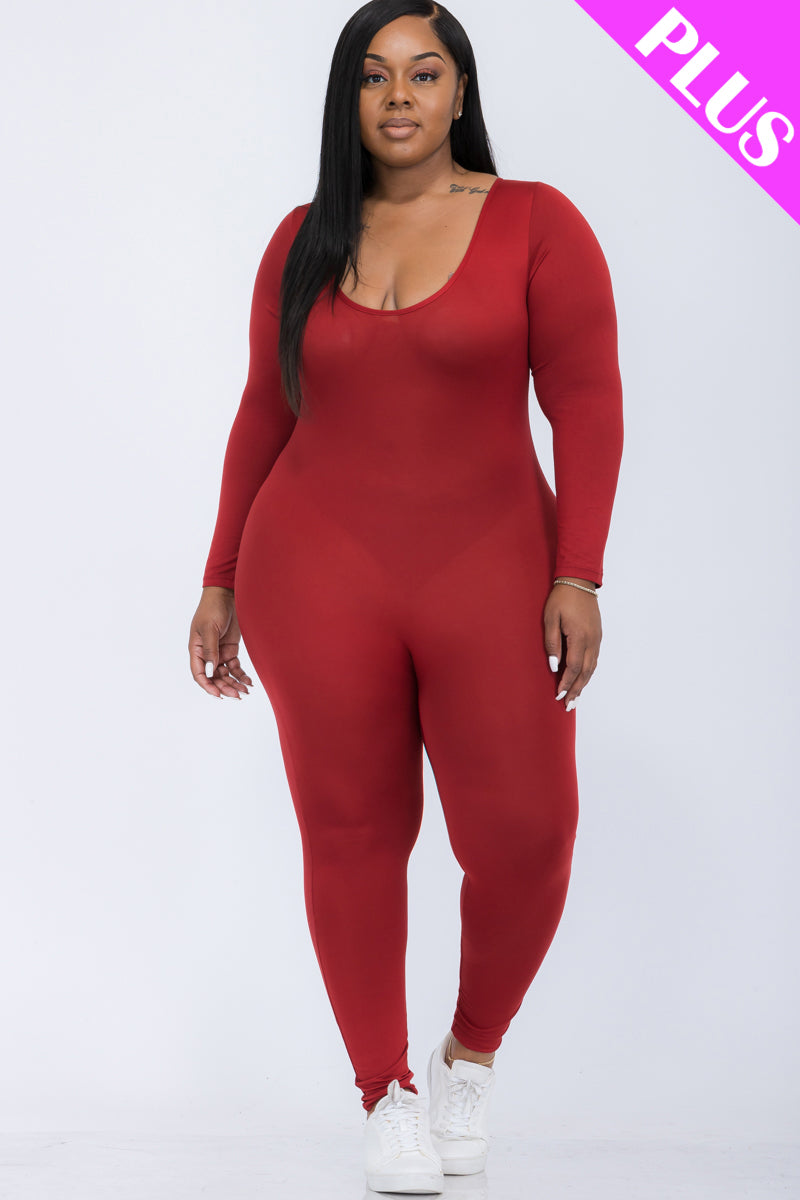 Plus Size Scoop Neck Long Sleeve Bodycon Jumpsuit - Capella Apparel