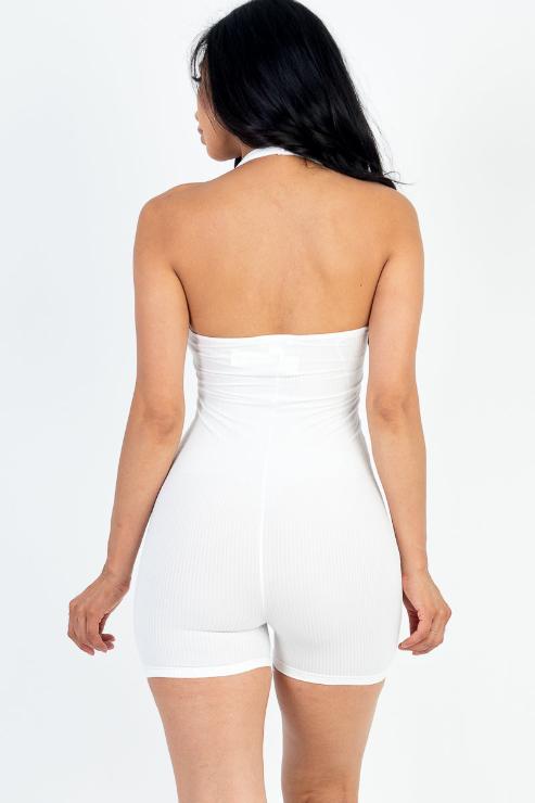 Ribbed Halter Neck Backless Romper - Capella Apparel